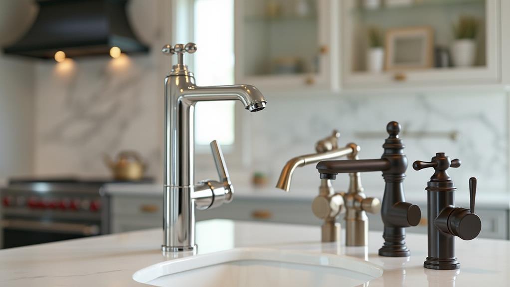 A kitchen sink with various faucet styles.