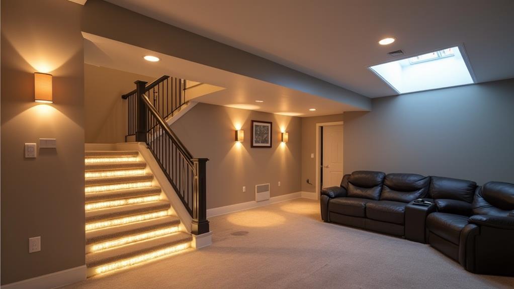 A modern basement with a staircase lit by LED lights and a cozy living area with a leather couch.