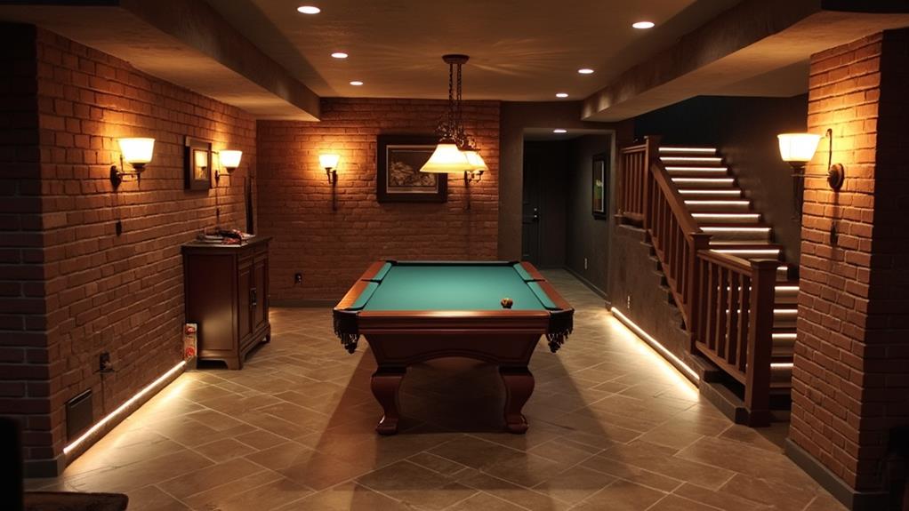 A finished basement with a pool table, brick wall, and recessed lighting.