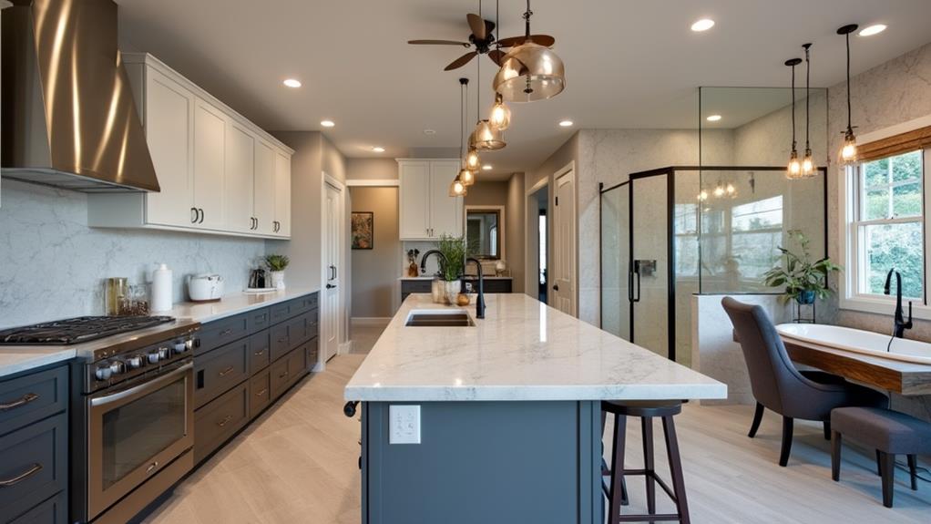 A modern kitchen with sleek appliances, quartz countertops, and stylish lighting fixtures.
